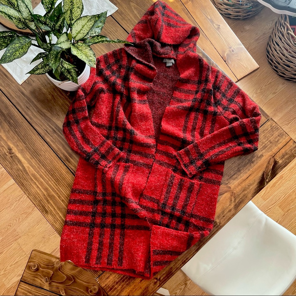 Hooded Long Coatigan/Cardigan Sweater Giles Plaid Red Black M